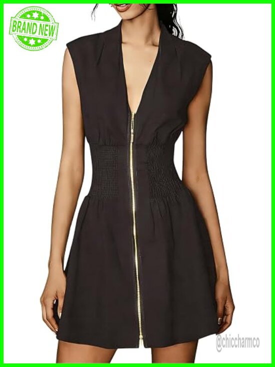 Dresses & Skirts - V Neck Summer Dress Cap Sleeve Zipper Mini Smocked Slit Dress with Pockets